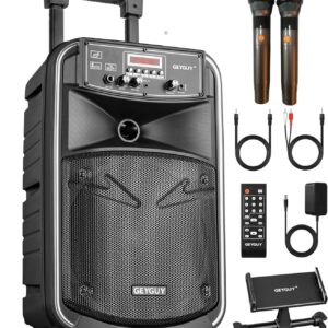 GTSK8-2 Portable Bluetooth PA Speaker System with 2 Wireless Microphones, 8" Karaoke Speaker, Rechargeable Battery, Rolling Wheels, LED Display, FM/AUX/MP3/USB/SD for Outdoor Party Events